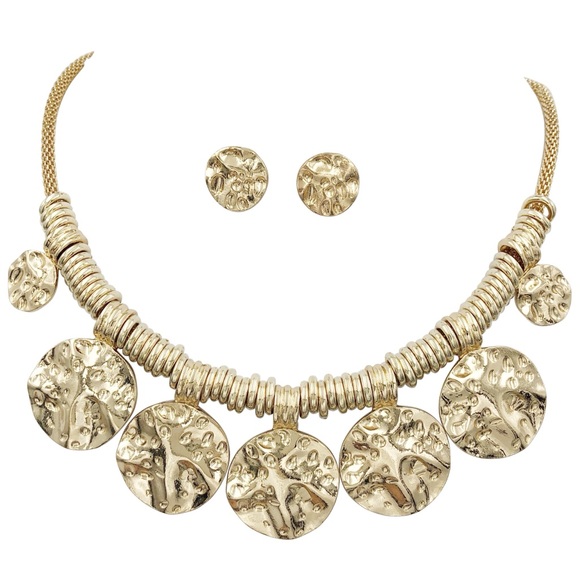Gold Disk Drop Flair Chinky Statement Necklace Earrings Set - Picture 1 of 3